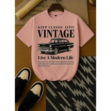 Kozia Outdoors Malkocbey Vintage Araba Baskili Oversize Basic O Yaka T-shirt Pembe