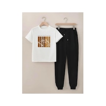 Medinenur Mountain Baskılı T-shirt Eşofman Altı Jogger Rahat Kalıp Eşofman Takım Beyaz