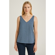 Kadın Lacivert Beyaz Ekose V Yaka Kolsuz Şık Yazlık Bluz Lacivert