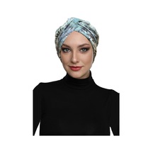 Desenli Çapraz Penye Krem-yeşil Yaprak Desenli Hazır Türban Tesettür Havuz Bonesi Krem - Yeşil