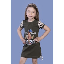 Toontoy Kız Çocuk Leopar Detaylı Baskılı Elbise Haki