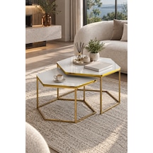 Sulorahome Altıgen İkili Orta Sehpa Seti Beyaz Ve Sarı Gold Altın - Beyaz