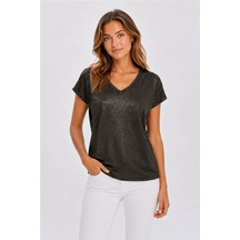 Fashion Friends V Yaka Simli Siyah Kadın Bluz 26y0291k1