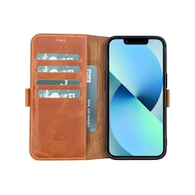 Apple Uyumlu iPhone 13 Deri Cüzdanlı Kılıf Antik Taba