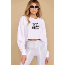 Stanger Things Robin & Steve Baskılı Crop Kadın Beyaz Sweatshirt