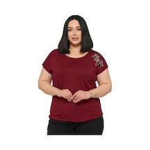 Disentis Modest Büyük Beden Düşük Kısa Kollu Omuzda Yaprak Desenli Bordo Bluz Bordo