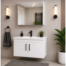 Modern Luna 65 cm Beyaz MDF Banyo Dolabı Takımı Aynalı Üst Modül ve Seramik Lavabolu