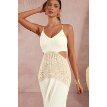 Fashion Cocktail Dantel Pencere Dekolte Bel Askılı Diz Altı Sırt Korseli Korse Keten Askılı Yazlık Elbise Bej