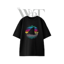 Thewert Surf Fin Tasarım Baskılı Ünisex Siyah Oversize T-shirt