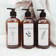 Lalezen Home 3lü Amber Cam Şişe Çiçekli Dusset Set 500ml Duş Jeli- Şampuan - Saç Kremi