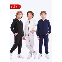 Panios Kids Erkek Çocuk 3'lü Düz Basic Fermuarlı Kapüşonlu Çift Cepli Eşofman Takımı Siyah-gri-lacivert
