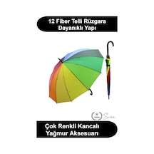 Svein Gökkuşağı Şemsiye 12 Fiber Telli Siyah Baston Saplı Rengarenk Geniş Koruma Alanlı Su İtici Kumaş Rüz Çok Renkli