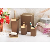 Novahub Akrilik Gümüş Çizgi Kahverengi 5'li Soft Kare Banyo Takımı Seti Kahverengi Kahverengi