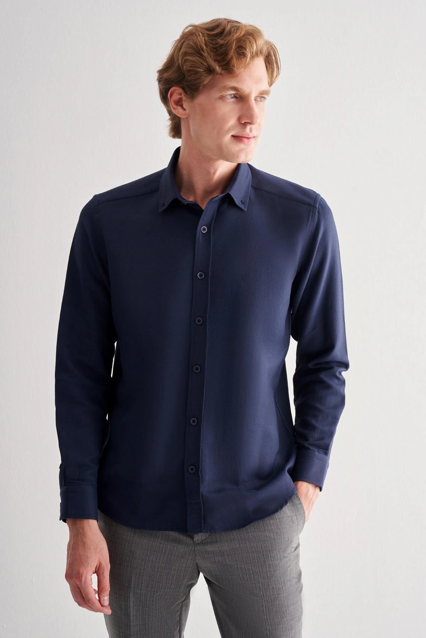 İmza Koyu Lacivert Perfetto Düğmeli Yaka Uzun Kol Cepsiz Slim Fit Cls Gömlek 1004255173 Koyu Lacivert
