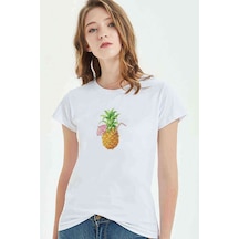 Suyu Smoothie Ananas Çizim Meyve Ananas Baskılı Beyaz Kadın Tshi