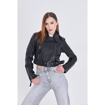 M M Marki Marki Kadın Siyah Hakiki Deri Crop Ceket Biker Stil, Kruvaze Yaka, Kemerli, 52 Cm - 117622