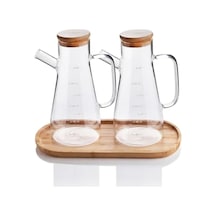 2x900 Ml Standlı Cam Yağlık Seti Sütlük Sosluk Vakumlu Bambu Kapaklı Borosilikat
