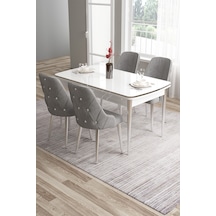 Canisa Tia Serisi 80x132 Açılabilir Mdf Mutfak Masası Takımı Beyaz Masa Krom Detay 4 Gri Sandalye Masa Beyaz Sandalye Gri