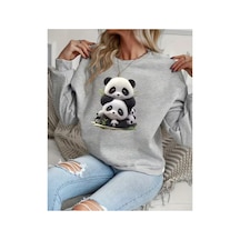Herkesemoda Pandalar Baskı Detaylı Bisiklet Yaka Sweatshirt Gri