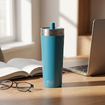 Gri Paslanmaz Çelik Pipetli Termos Kupa - 660 Ml Büyük Boy Venti - Sıcak Ve Soğuk Tutan Mug - Araç Ve Ofis Tipi Bardak Mavi Çok Renkli