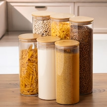 Porsima 4-3 Bambu Vakumlu Kapaklı Yuvarlak Borosilikat Cam 6lı Kavanoz Seti Saklama Kabı 2100ml 10x30cm Cam - Şeffaf