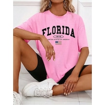 Florida Usa Flag T-shirt - Pembe Oversize Baskılı Bisiklet Yaka Tişört Pembe