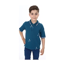Toontoy Kids Toontoy Erkek Çocuk Baskılı Polo Yaka Düğmeli Kısa Kollu Tişört Petrol Mavi