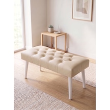 Modern Kapitoneli Krem Deri Kumaş Bench Puf Oturma Bankı Ahşap Beyaz Ayaklı Demonte 90x45