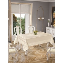 Jumbo Jakar Pano Desen Leke Tutmaz Jakarlı 150x220 Cm Lüks 8 Kişilik Masa Örtüsü Krem