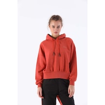 Maraton Sportswear Oversize Kadın Kapşonlu Uzun Kol Basic Kiremit Sweatshirt 20335-kiremit