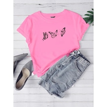 Uçan Kelebekler Süprem T-shirt - Pembe Baskılı Oversize Bisiklet Yaka Kısa Kol Tişört Pembe