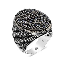 Gümüş Siyah Zirkon Taşlı Oval Erkek Yüzük - 555892830