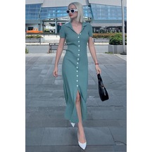 Madmext Mint Yeşili Düğmeli V Yaka Uzun Triko Elbise Mg2078-mint Yeşili Mint Yeşili