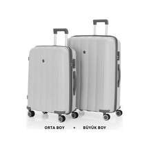 Mçs Bavul Büyük Ve Orta 2li Set Kırılmaz Silikon Valiz V305 Kemik/gri Bej