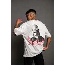 Erkek Baskılı T-shirt Oversize Kısa Kol Bisiklet Yaka Tişort - Beyaz Beyaz