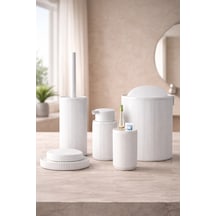 5 Li Lüx Banyo Aksesuar Seti Kapaklı Çöp Kovası, Sabunluk, Diş Fırçalık, Dekoratif Yuvarlak Beyaz