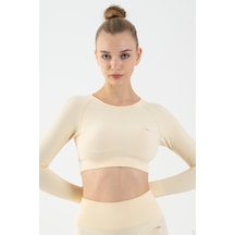 Maraton Active Slimfit Kadın Bisiklet Yaka Uzun Kol Training Ekru Crop Top 816005 Ekru