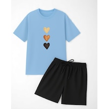 Uyguntarz Unisex 3 Kalp Baskılı Tasarım Şort Takım Bebe Mavi