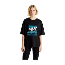 Paybuy Kadın Oversize Spor Araba Baskılı Tişört Retro Tasarım Rahat Kesi Siyah