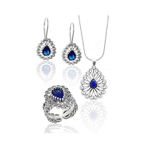 Safir Taşlı Damla Model Kadın 925 Ayar Gümüş Telkari Üçlü Set 201023144
