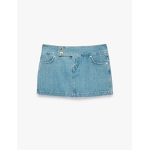 Koton Pamuklu Cep Detaylı Düğmeli Denim Mini Şort Etek Açık İndigo 6sal70043md