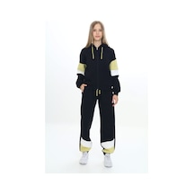 Toontoy Kids Toontoy Kız Çocuk 2'li Takım Kapüşonlu Fermuarlı Sweatshirt & Beli Paçası Lastikli Jogger Eşofman Altı - Garni Detaylı & 3 İplik Şardonlu Siyah