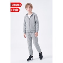 Panios Kids 3 İplik Düz Fermuarlı Erkek Çocuk Eşofman Takımı Gri