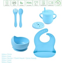 Jojobebek Çocuk Silikon Mama Önlüğü, Silikon Vakumlu Kase, Silikon Çatal-kaşık, Silikon Pipetli Bardak Mavi
