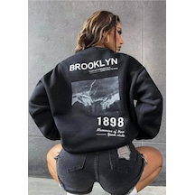 Tarzsokak Siyah Oversize Brooklyn 1898 Baskılı Bisiklet Yaka Kapşonsuz Pamuklu Sweatshirt
