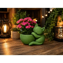 3d Baskı Sarılan Kedi Saksı - Sevimli Dekoratif Saksı - Yeşil