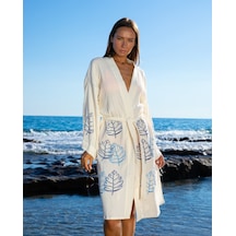 Litustyle Yaprak - Naturel & El Baskılı Pamuk Müslin Kimono Beyaz