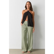 Madmext Çağla Yeşili Yüksek Bel Keten Wide Leg Pantolon Mg2718