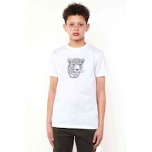 Tshirthane Pembe Mavi Ve Siyah Leopar Çita Baskılı Unisex Çocuk Beyaz T-Shi