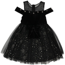 Panço Kız Çocuk düşük Kollu Süslemeli Tüllü Parti Elbisesi Siyah 001